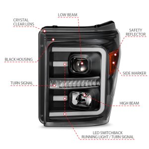 Ford F250 Headlights - ANZO - Projector w/ Plank Style Switchback - Black w/ Amber - `11-`16