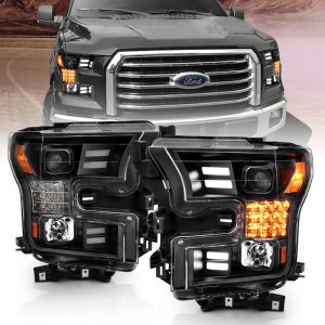 Ford F-150 Projector Headlights - ANZO - Plank Style Design w/ Amber Sequential Turn Signal - Black - `15-`17