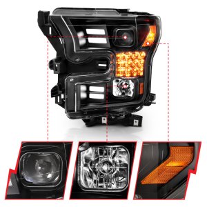 Ford F-150 Projector Headlights - ANZO - Plank Style Design w/ Amber Sequential Turn Signal - Black - `15-`17