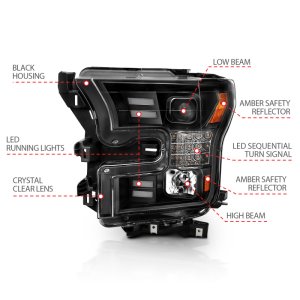 Ford F-150 Projector Headlights - ANZO - Plank Style Design w/ Amber Sequential Turn Signal - Black - `15-`17