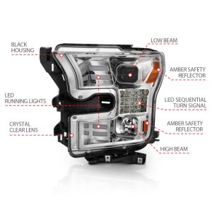 Ford F-150 Headlights - ANZO - Proj w/ Plank Style Design, Sequential Turn Signal - Chrome w/ Amber - `15-`17