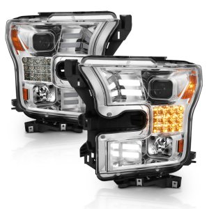 Ford F-150 Headlights - ANZO - Proj w/ Plank Style Design, Sequential Turn Signal - Chrome w/ Amber - `15-`17