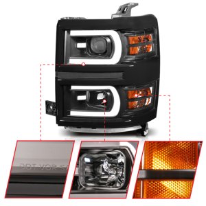 Chevrolet Silverado 1500 Headlights - ANZO - Projector w/ Plank Style Switchback - Black w/ Amber - `14-`15