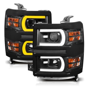 Chevrolet Silverado 1500 Headlights - ANZO - Projector w/ Plank Style Switchback - Black w/ Amber - `14-`15