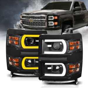 Chevrolet Silverado 1500 Headlights - ANZO - Projector w/ Plank Style Switchback - Black w/ Amber - `14-`15