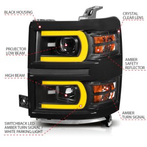 Chevrolet Silverado 1500 Headlights - ANZO - Projector w/ Plank Style Switchback - Black w/ Amber - `14-`15