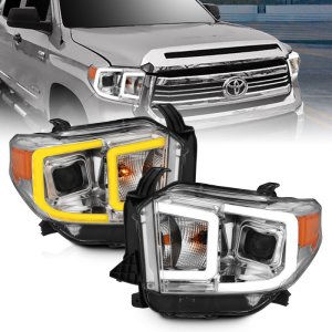 Toyota Tundra Headlight Set - ANZO - Projector w/ Plank Style Switchback - Chrome w/ Amber - `14-`17