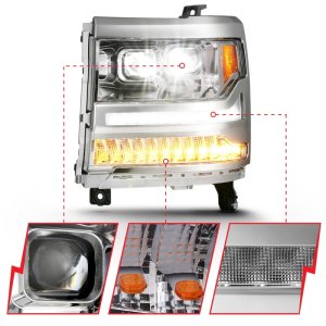 Chevrolet Silverado 1500 LED Projector Headlights - ANZO - Plank Style - Chrome w/Amber - `16-`18