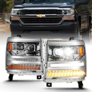 Chevrolet Silverado 1500 LED Projector Headlights - ANZO - Plank Style - Chrome w/Amber - `16-`18