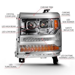 Chevrolet Silverado 1500 LED Projector Headlights - ANZO - Plank Style - Chrome w/Amber - `16-`18