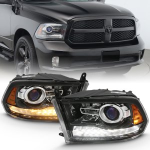 Dodge Ram 1500 LED/Projector Headlights - ANZO - Projector Plank Style Switchback H.L Halo - Black - `09-`18