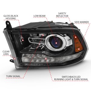 Dodge Ram 1500 LED/Projector Headlights - ANZO - Projector Plank Style Switchback H.L Halo - Black - `09-`18