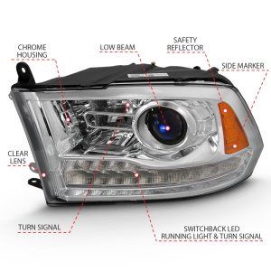 Dodge Ram 1500 LED/Projector Headlights - ANZO - Plank Style Switchback H.L Halo Chrome Amber (OE Style) - Chrome Amber - `09-`18