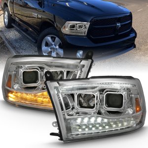 Dodge Ram 1500 Headlight Set - ANZO - Projector w/Switchback - Chrome w/Amber - `09-`18