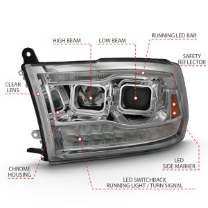 Dodge Ram 1500 Headlight Set - ANZO - Projector w/Switchback - Chrome w/Amber - `09-`18