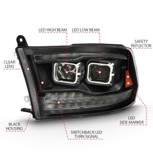 Dodge Ram 1500 Projector Headlights - ANZO - Plank Style Switchback - Black Amber - `09-`18