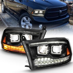 Dodge Ram 1500 Projector Headlights - ANZO - Plank Style Switchback - Black Amber - `09-`18
