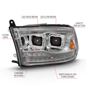 Dodge Ram 1500 LED Projector Headlights - ANZO - Plank Style Switchback - Chrome Amber - `09-`18
