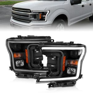 Ford F-150 Headlight Set - ANZO - Projector Plank Style w/Halo - Black Amber - `18-`19