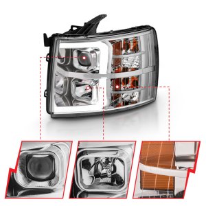 Chevrolet Silverado 1500 Projector Headlight Set - ANZO - Plank Style - Chrome with Amber Housing - `07-`13