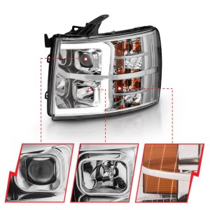 Chevrolet Silverado 1500 Projector Headlight Set - ANZO - Plank Style - Chrome with Amber Housing - `07-`13