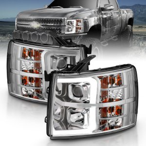 Chevrolet Silverado 1500 Projector Headlight Set - ANZO - Plank Style - Chrome with Amber Housing - `07-`13