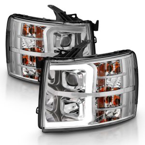 Chevrolet Silverado 1500 Projector Headlight Set - ANZO - Plank Style - Chrome with Amber Housing - `07-`13