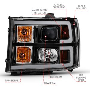 GMC Sierra 1500 Headlights - ANZO - Projector, Plank Style, Clear Lens, Amber - Black - `07-`13