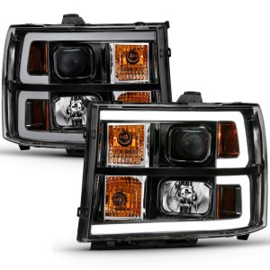 GMC Sierra 1500 Headlights - ANZO - Projector, Plank Style, Clear Lens, Amber - Black - `07-`13