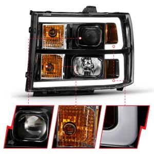 GMC Sierra 1500 Headlights - ANZO - Projector, Plank Style, Clear Lens, Amber - Black - `07-`13