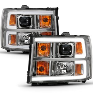 GMC Sierra 1500 Headlights - ANZO - Projector, Plank Style, Clear Lens, Amber - Chrome - `07-`13