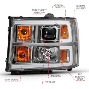 GMC Sierra 1500 Headlights - ANZO - Projector, Plank Style, Clear Lens, Amber - Chrome - `07-`13