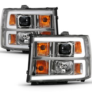 GMC Sierra 1500 Headlights - ANZO - Projector, Plank Style, Clear Lens, Amber - Chrome - `07-`13
