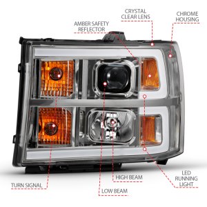 GMC Sierra 1500 Headlights - ANZO - Projector, Plank Style, Clear Lens, Amber - Chrome - `07-`13