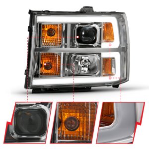 GMC Sierra 1500 Headlights - ANZO - Projector, Plank Style, Clear Lens, Amber - Chrome - `07-`13