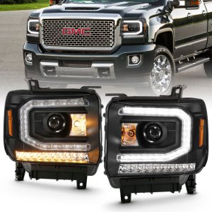 GMC Sierra 1500 Headlights - ANZO - Projector Plank Style with Sequential Amber Signal - Black - `16-`19