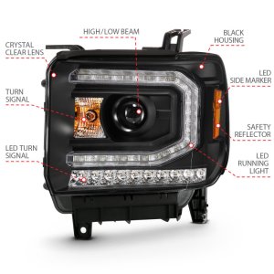 GMC Sierra 1500 Headlights - ANZO - Projector Plank Style with Sequential Amber Signal - Black - `16-`19