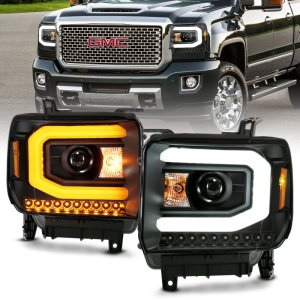 GMC Sierra 1500 Headlights - ANZO - Projector Headlight Plank Style Black w/ Switchback - Black - `14-`15