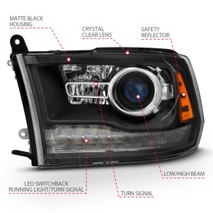 Dodge Ram 1500 Headlights - ANZO - Plank Style Halo w/Switchback - Matte Black - `09-`18