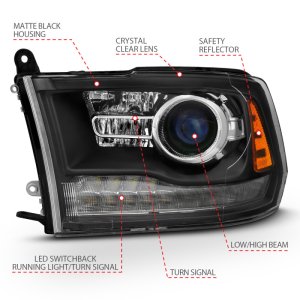 Dodge Ram 1500 Headlights - ANZO - Plank Style Halo w/Switchback - Matte Black - `09-`18