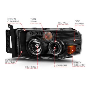 Dodge Ram 1500 Projector Headlights - ANZO - w/ Halo - Black/Clear/Amber - `02-`05