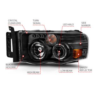 Dodge Ram 1500 Projector Headlights - ANZO - w/ Halo - Black/Clear/Amber - `02-`05