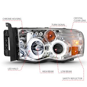 Dodge Ram 1500 Headlights - ANZO - Projector w/ Halo - Chrome - `02-`05