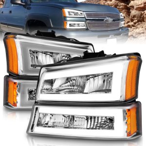 Chevrolet Silverado 1500 Crystal Headlights - ANZO - w/ LED Light Bar, Chrome Housing, Clear Lens - `03-`06
