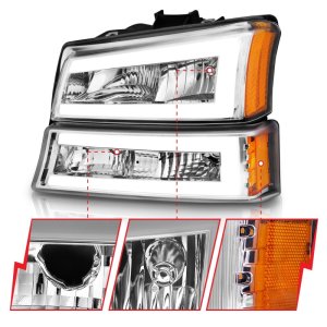 Chevrolet Silverado 1500 Crystal Headlights - ANZO - w/ LED Light Bar, Chrome Housing, Clear Lens - `03-`06