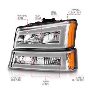 Chevrolet Silverado 1500 Crystal Headlights - ANZO - w/ LED Light Bar, Chrome Housing, Clear Lens - `03-`06
