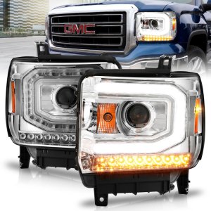 GMC Sierra 1500 Headlight Set - ANZO - Projector w/ Halo & Light Bar - Chrome - `14-`15