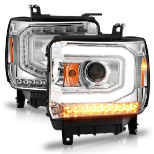 GMC Sierra 1500 Headlight Set - ANZO - Projector w/ Halo & Light Bar - Chrome - `14-`15