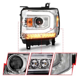GMC Sierra 1500 Headlight Set - ANZO - Projector w/ Halo & Light Bar - Chrome - `14-`15