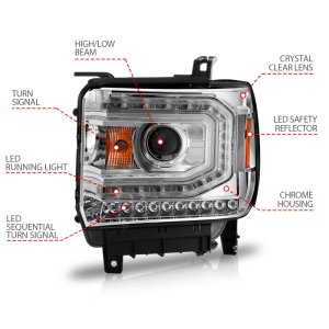 GMC Sierra 1500 Headlight Set - ANZO - Projector w/ Halo & Light Bar - Chrome - `14-`15